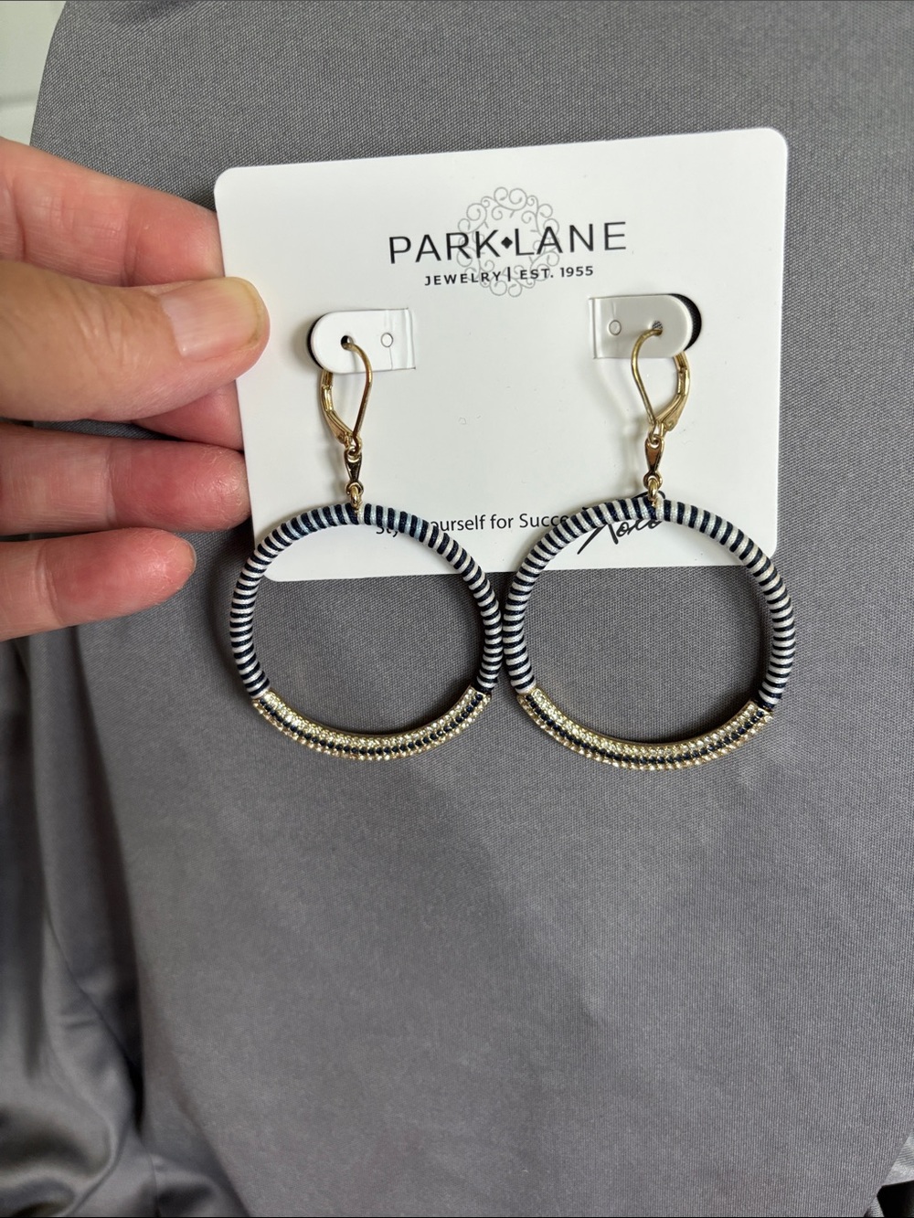 Park Lane Black & White Striped Hoop Earrings with Gold Accents